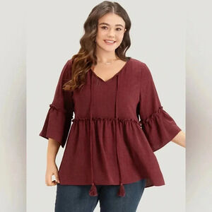 BloomChic Plain V Neck Frill Trim Tassel Bell Hem Blouse Size 14-16